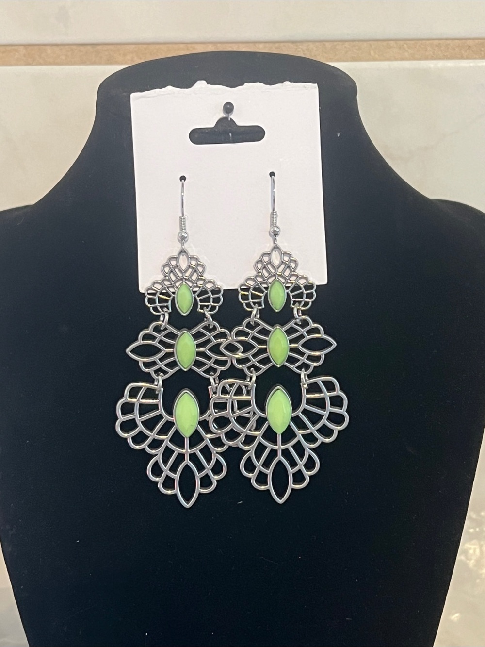 ppparazzi Silver Filigree Dangle Earrings with Lime Green Stones
